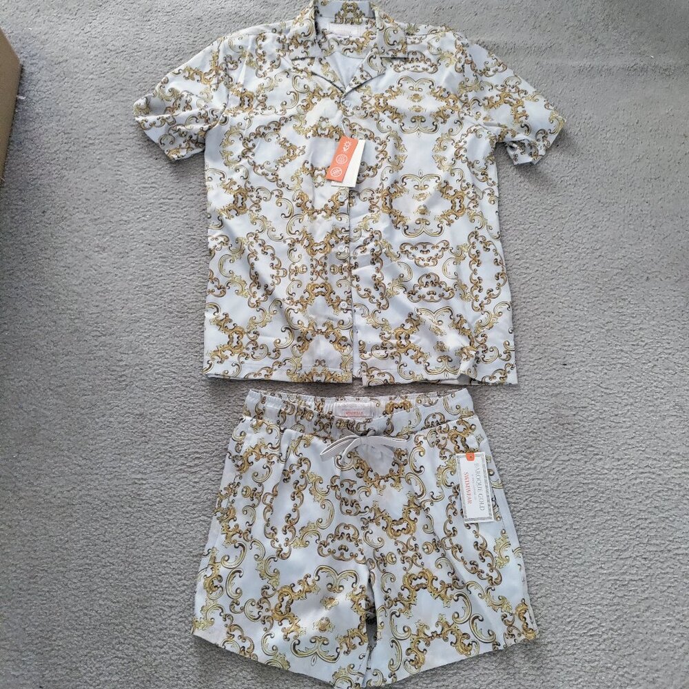 NWT Baroque Gold Drill Clothing S Men's Swimwear Shirt & Trunks White Gold
